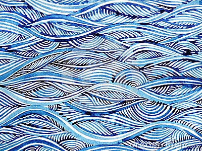 Blue wave minimal watercolor painting hand drawn japanese style Cartoon Illustration