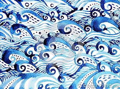 Blue wave pattern minimal watercolor painting hand drawn japanese style Cartoon Illustration