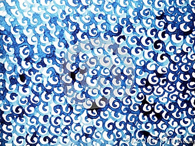 Blue wave pattern minimal watercolor painting hand drawn japanese style Cartoon Illustration