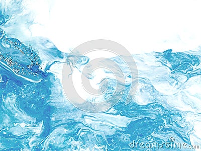 Blue wave with silver creative abstract hand painted background, marble texture, abstract ocean, acrylic painting on canvas Stock Photo