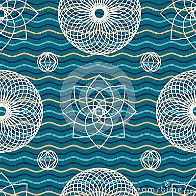 Blue Waves, Interweaving Circles and Flowers Pattern Vector Illustration