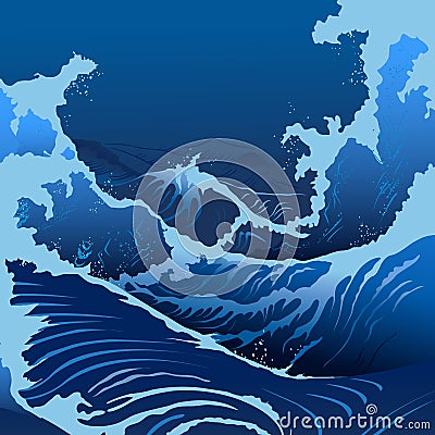 Blue Waves In The Japanese Style Vector Illustration