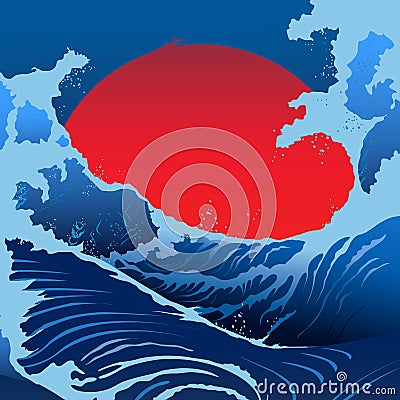 Blue Waves And Red Sun In The Japanese Style Vector Illustration