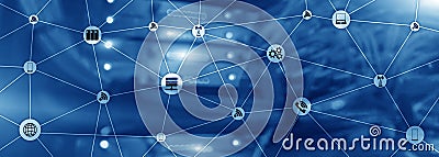 Blue Website Banner Mixed Media. IOT - internet of things concepts. ICT - information and telecommunication technology. Stock Photo