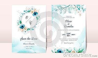 Blue wedding invitation card with watercolor floral decoration and abstract background Vector Illustration