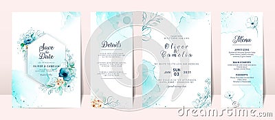 Blue wedding invitation card with watercolor floral decoration and abstract background Vector Illustration