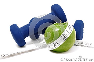 Blue Weights, Green Apple, and Tape Measure Stock Photo