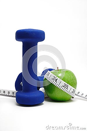 Blue Weights, Green Apple, and Tape Measure Stock Photo