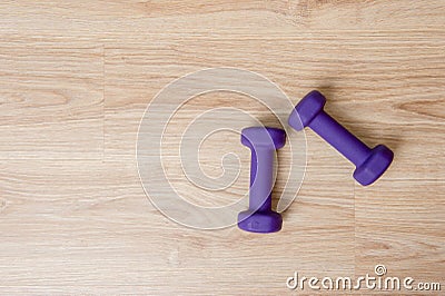 Blue Weights on Hardwood Floor of living room. Workout online concept Stock Photo