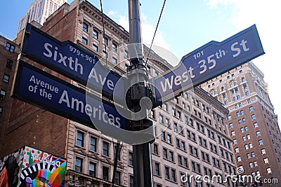 Blue West 35th Street, Broadway and Avenue of the Americas 6th historic sign Editorial Stock Photo