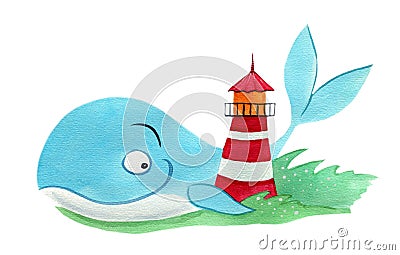 Blue whale and a lighthouse Stock Photo