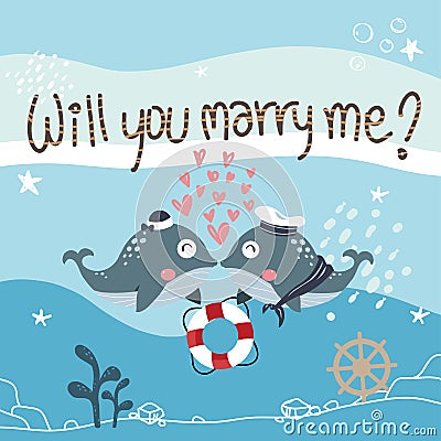 Blue whale Marine couple said `Will you marry me` Vector Illustration