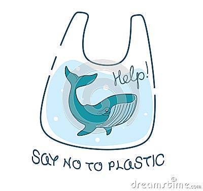 Blue whale say no plastic. Vector illustration in doodle style on a white background. Blue whale in a plastic bag Vector Illustration