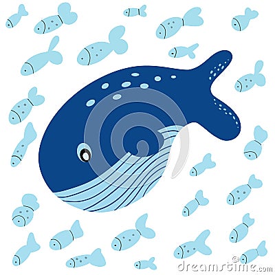 Blue whale or sperm whale surrounded by blue fish isolated on white background. Flat cartoon illustration Cartoon Illustration