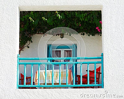 Blue white balcony with green roof Stock Photo