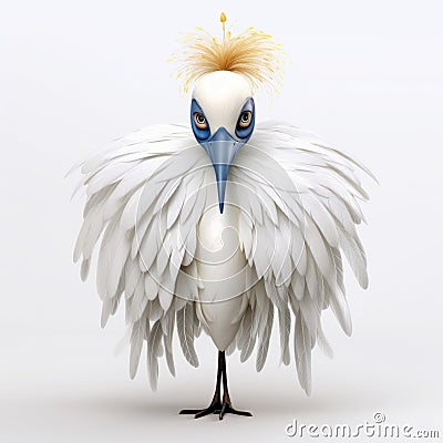 Little Cute Crane Bird With Fashion Feather - Surrealistic Cartoon Style Stock Photo