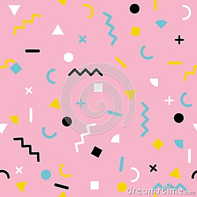 Abstract Geometric Vector Pattern. Memphis style. Blue, Black, Yellow and White Elements. Pink Background. Seamless Design. Vector Illustration