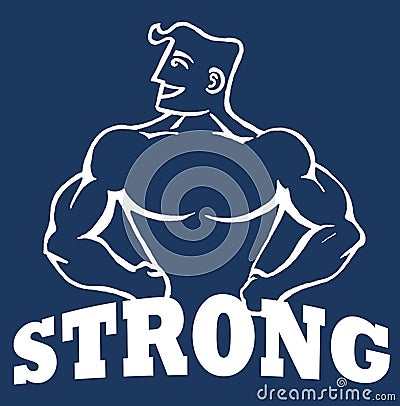 Blue and white caricature illustration of strong muscular man on blue background Cartoon Illustration
