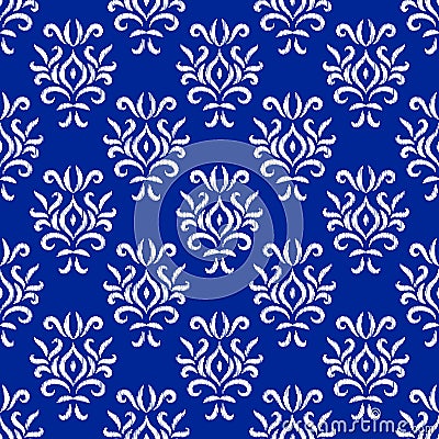Blue and white damask ikat ornament geometric floral seamless pattern, vector Vector Illustration