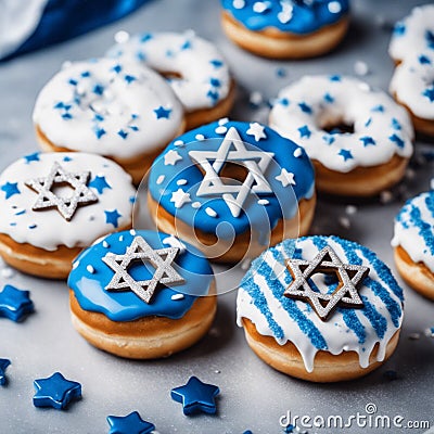 Blue and White Donuts Doughnuts for Hanukkah with Stars Stock Photo