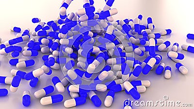 Blue and white drug capsules or pills scatter on the table. 3D rendering Stock Photo