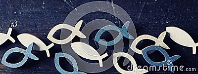 Blue and white fish symbols banner concept Stock Photo