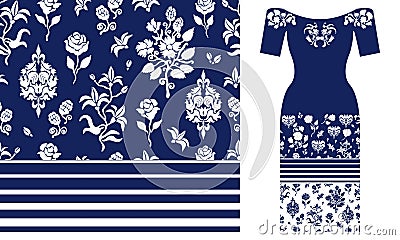 Blue and white floral pattern with Damask elements and roses. Vector Illustration