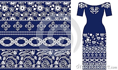 Blue and white floral pattern with Damask elements and roses. Vector Illustration