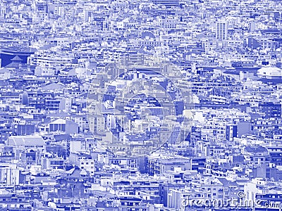 blue and white futuristic duotone crowded urban cityscape background with hundreds of densely packed buildings Stock Photo