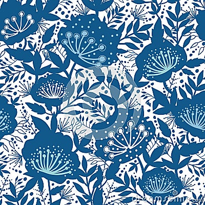 Blue and white garden plants silhouettes seamless Vector Illustration