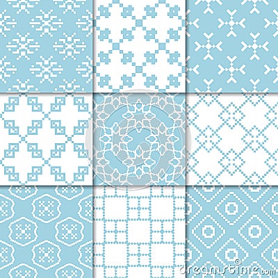 Blue and white geometric ornaments. Collection of seamless patterns Vector Illustration