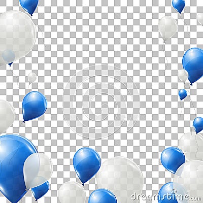 Blue and white helium balloons on transparent background. Flying latex balloons. Vector Illustration