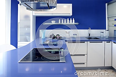 Blue white kitchen modern interior design house Stock Photo