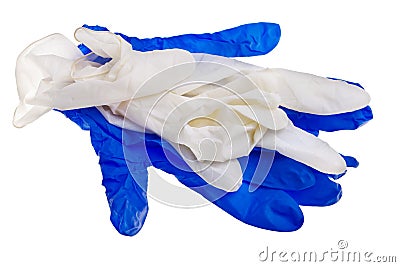 Blue and white latex gloves. Stock Photo