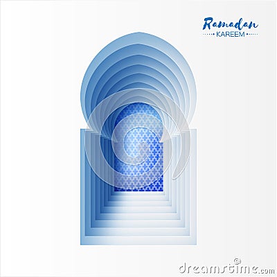 Blue White Origami Mosque Window Ramadan Kareem Greeting card Vector Illustration