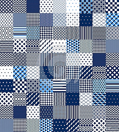 Blue and white patchwork quilted geometric seamless pattern, vector set Vector Illustration