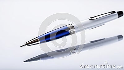 Blue and white pen with shadow, educational supplies, pen for business, school and office, on white insulated background Stock Photo