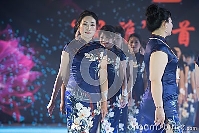 Blue and white porcelain group-Female cheongsam show Editorial Stock Photo