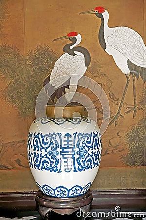 Blue and white porcelain jar Stock Photo