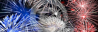 Blue white and red fireworks panoramic background Stock Photo