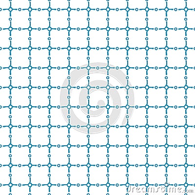 Blue and white repeat seamless pattern. Drawing is composed of rough squares, grid, circles and twisted dotted lines Vector Illustration