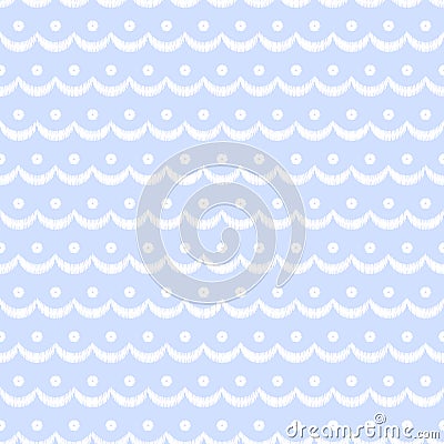 Blue and white scalloped lacy edge embroidery, seamless pattern, vector Vector Illustration