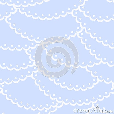 Blue and white scalloped lacy edge embroidery, seamless pattern, vector Vector Illustration