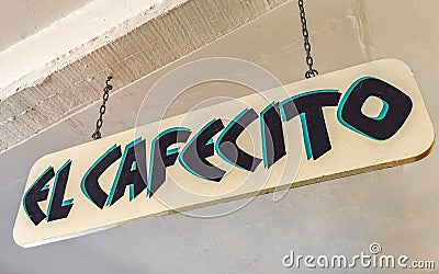 Blue white sign restaurant name El Cafecito Puerto Escondido Mexico Editorial Stock Photo