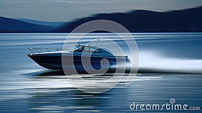 A Blue And White Speedboat On A Blue Ocean. Generative AI Stock Photo