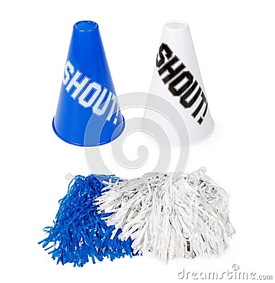 Blue and white sporting event pom-poms and cones Stock Photo