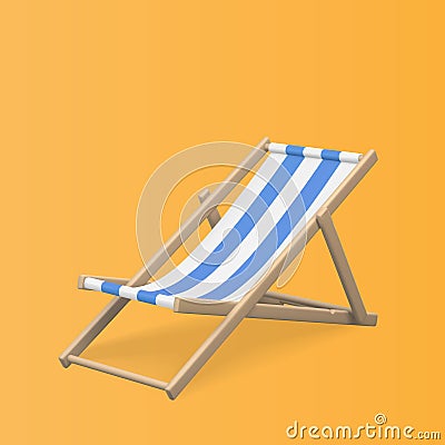 Blue and white striped beach chair. Realistic 3D deck chair isolated on orange background. Summertime object. Vector illustration Vector Illustration