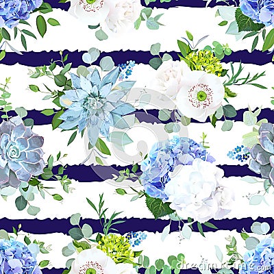 Blue and white summer flowers seamless vector design print. Vector Illustration