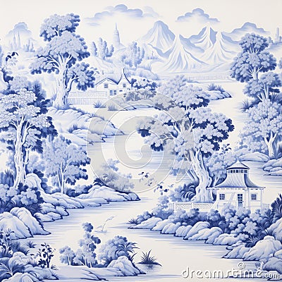 Blue And White Tile Landscape: Calm And Nostalgic Toile Design Stock Photo