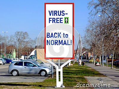 Blue, white and red traffic sign style virus-free environment message Cartoon Illustration